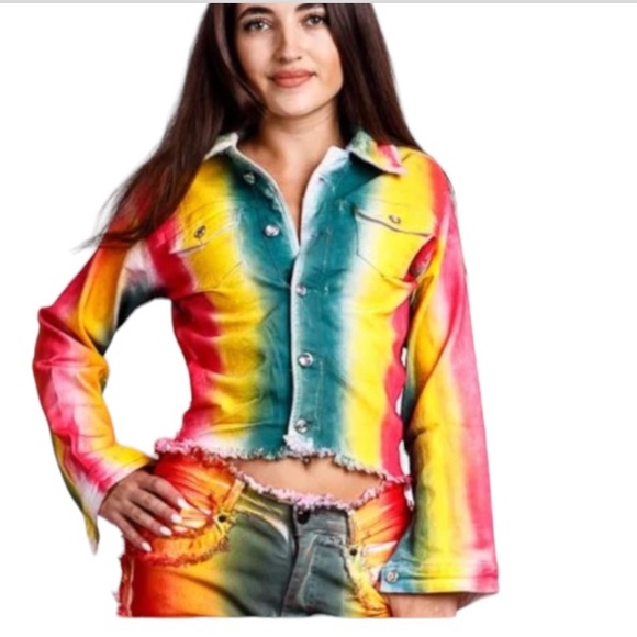 Glory Denim Trucker Jacket Tie Dye  sherpa lined fray hem stretch Size 2X Large - Picture 17 of 17